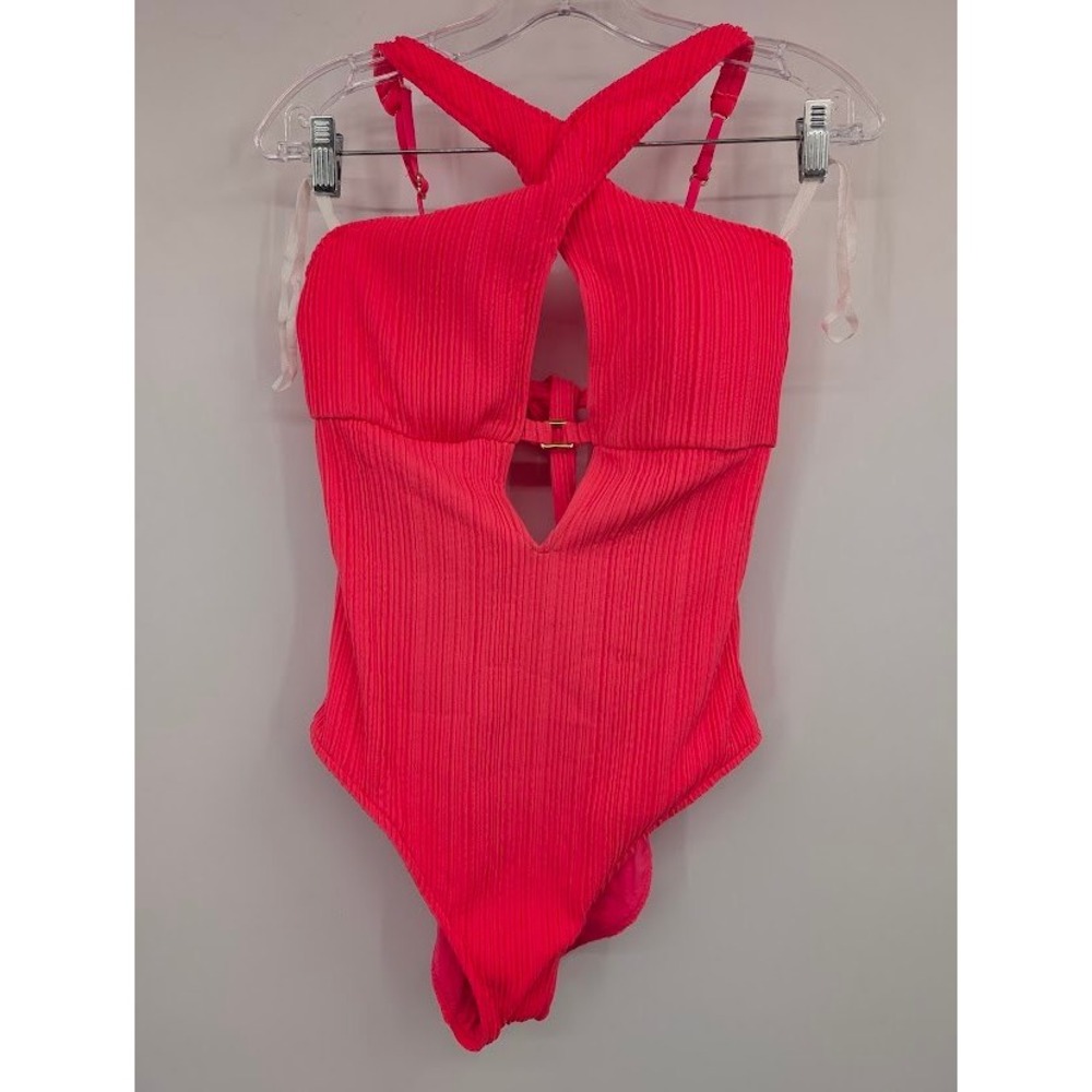BECCA Moon Ridge Ribbed High Neck Keyhole One Piece‎ Swimsuit Hot Pink NWT sz L